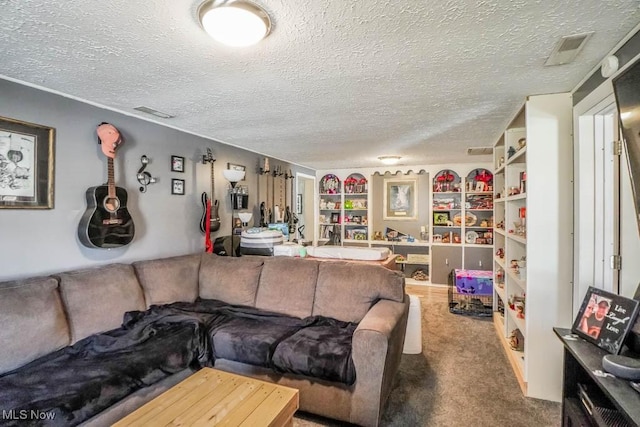 living area featuring carpet, visible vents, and a textured ceiling