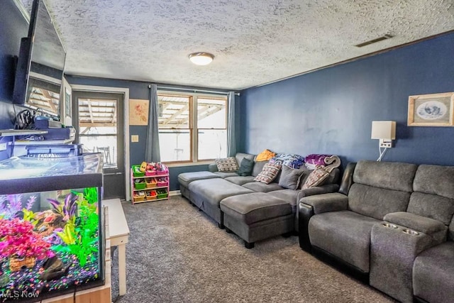 carpeted living room featuring visible vents and a textured ceiling