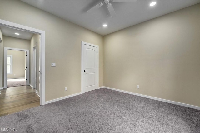 unfurnished room featuring recessed lighting, carpet, baseboards, and ceiling fan