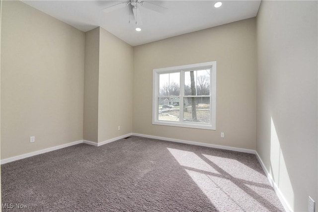 carpeted empty room featuring recessed lighting, baseboards, and ceiling fan