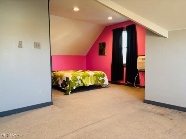 bedroom with baseboards, carpet, lofted ceiling, recessed lighting, and cooling unit