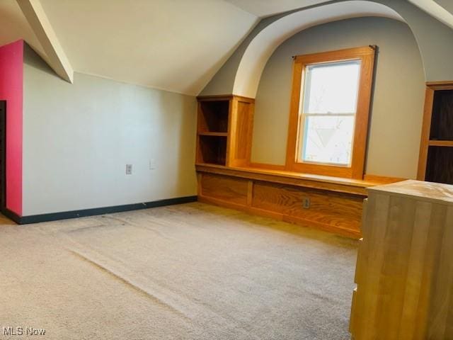 additional living space with baseboards, carpet, arched walkways, and vaulted ceiling