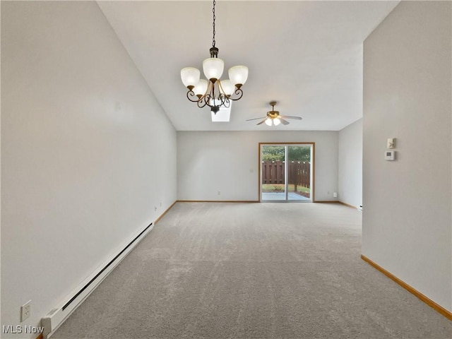 carpeted spare room featuring a baseboard radiator, baseboards, and ceiling fan with notable chandelier