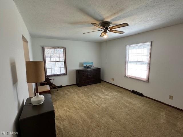 unfurnished bedroom featuring baseboards, multiple windows, a textured ceiling, and carpet