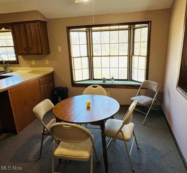 carpeted dining space with baseboards and a sink