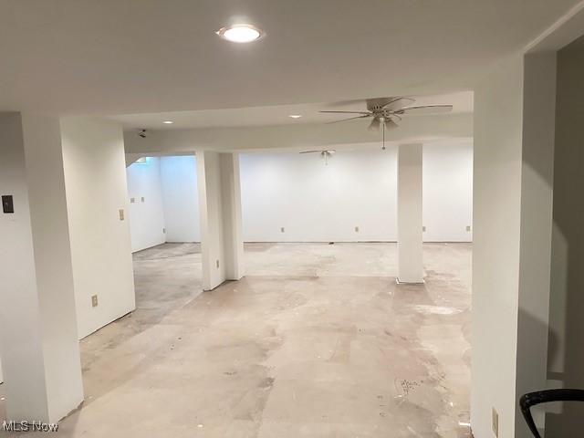 basement featuring recessed lighting and ceiling fan