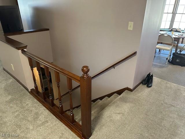 staircase featuring baseboards and carpet flooring