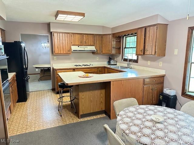 2364 W Royalton Rd, Broadview Heights, OH 44147 - kitchen with ventilation hood, a peninsula, light countertops, brown cabinets, and open shelves