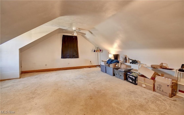 bonus room featuring baseboards, a ceiling fan, carpet flooring, and vaulted ceiling