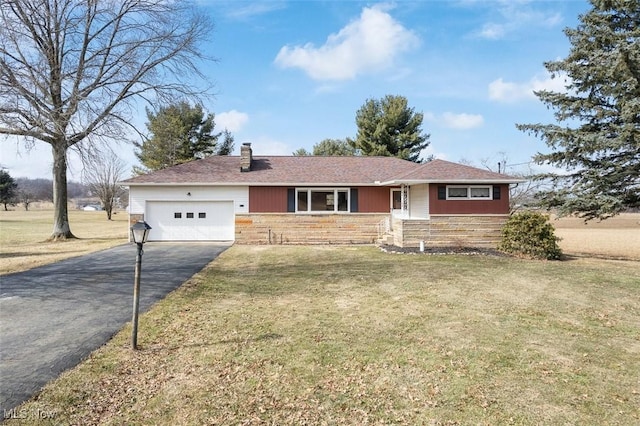 ranch-style home with a front lawn, driveway, stone siding, an attached garage, and a chimney