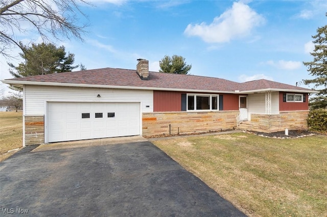 single story home featuring a garage, stone siding, driveway, and a chimney