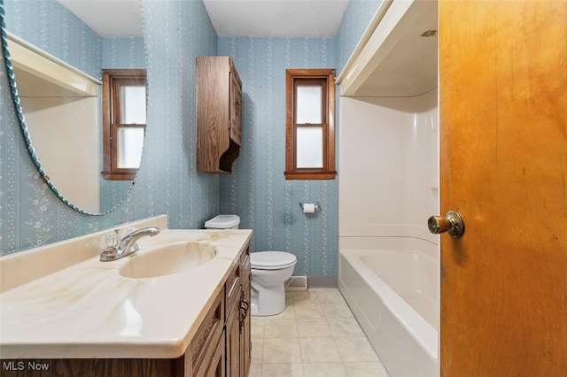 full bathroom with wallpapered walls, toilet, vanity, and tile patterned flooring