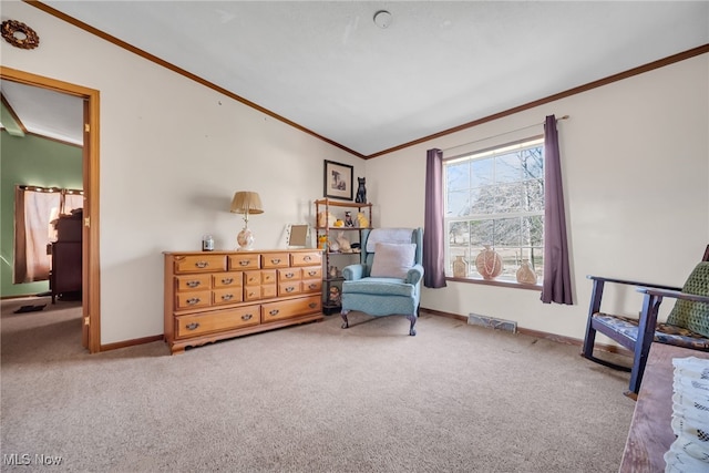 living area featuring baseboards, carpet floors, lofted ceiling, and crown molding