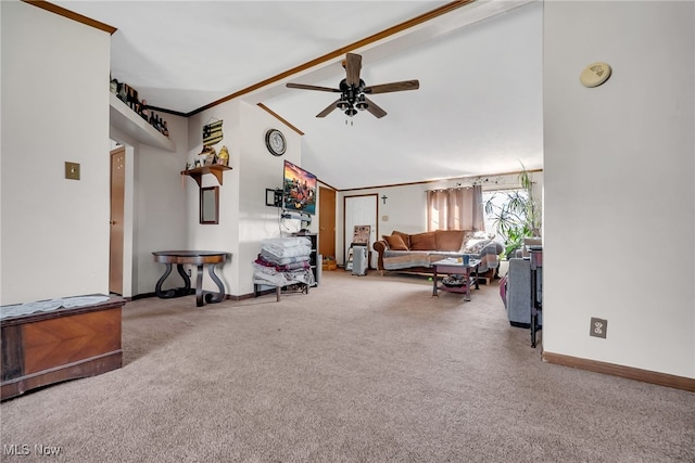 carpeted living area featuring crown molding, baseboards, beamed ceiling, high vaulted ceiling, and a ceiling fan