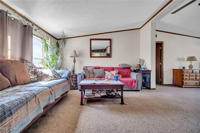 living area with baseboards, carpet, and ornamental molding