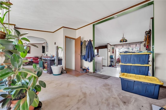 living area featuring arched walkways, carpet flooring, and crown molding