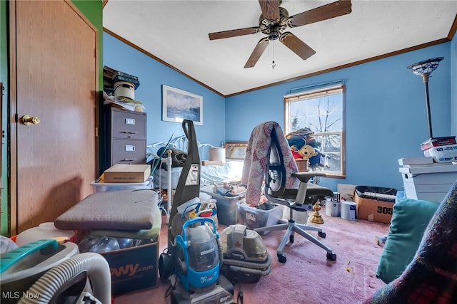 interior space featuring ceiling fan, crown molding, and lofted ceiling