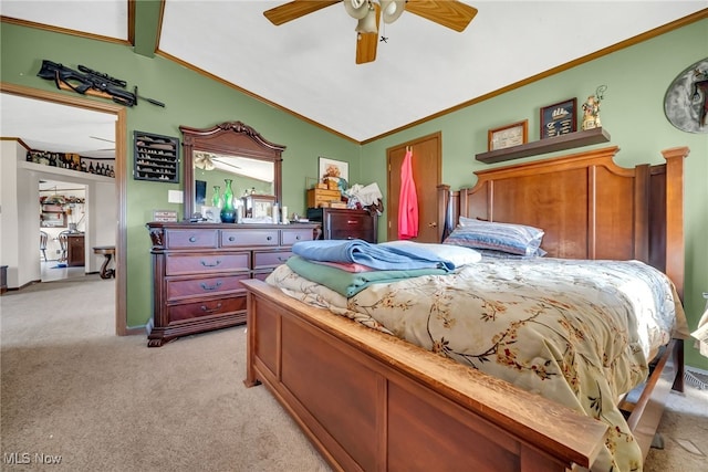 bedroom with ceiling fan, light carpet, lofted ceiling, and ornamental molding