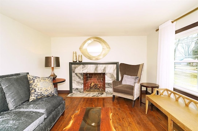 living area with wood finished floors and a high end fireplace