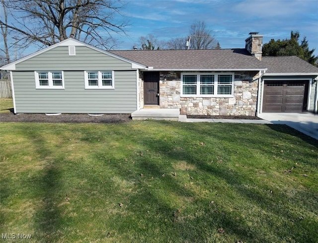 single story home featuring roof with shingles, an attached garage, a chimney, a front lawn, and stone siding