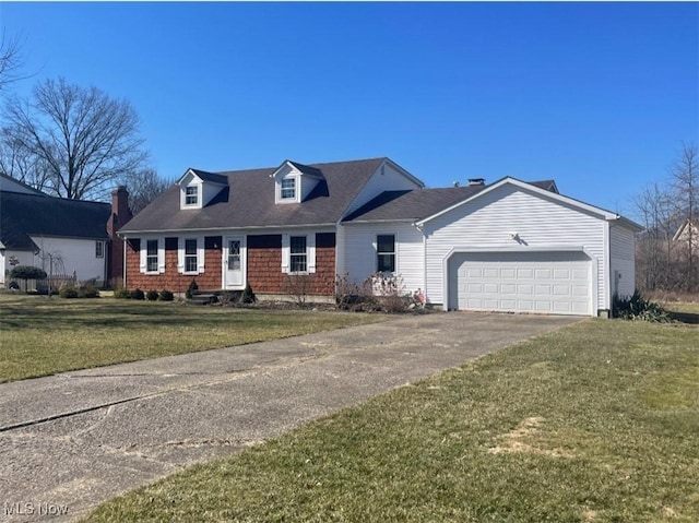 cape cod-style house featuring a garage, driveway, and a front lawn