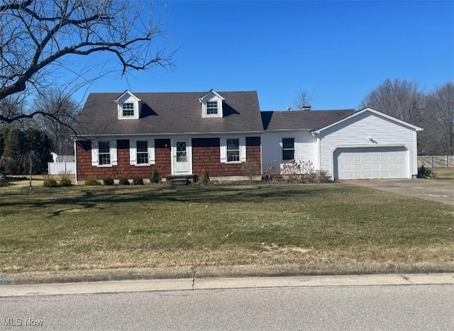 cape cod-style house with a garage, driveway, a shingled roof, and a front yard