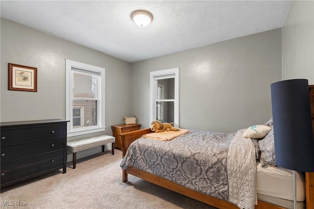 carpeted bedroom with a textured ceiling