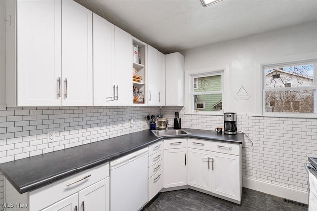 kitchen featuring a sink, open shelves, dishwasher, and white cabinets