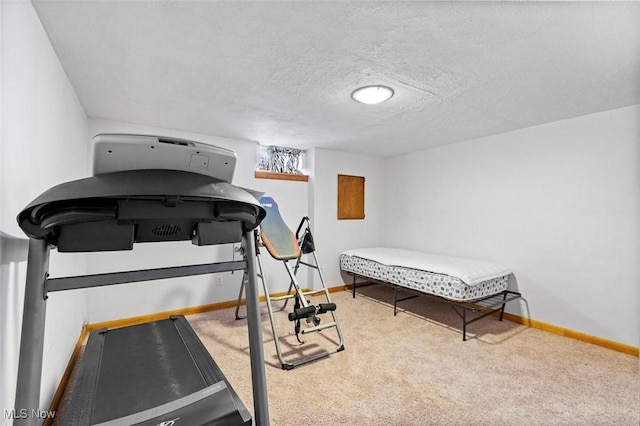 workout area featuring baseboards, carpet floors, and a textured ceiling