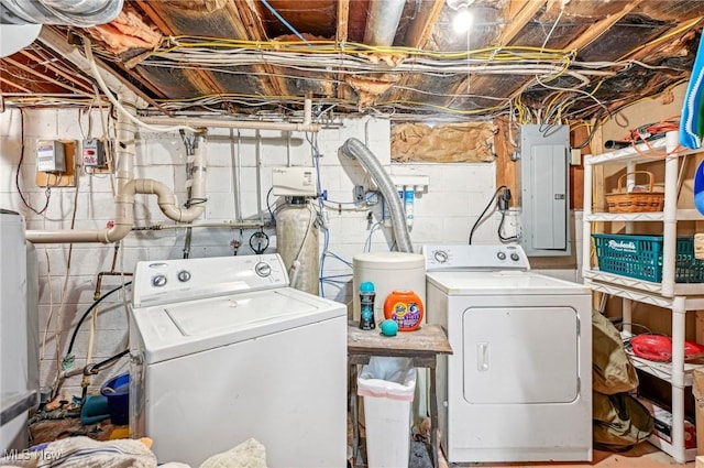 washroom with electric panel, separate washer and dryer, and laundry area