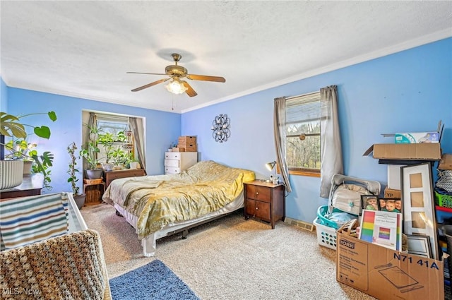 bedroom featuring a ceiling fan, carpet, baseboards, ornamental molding, and a textured ceiling