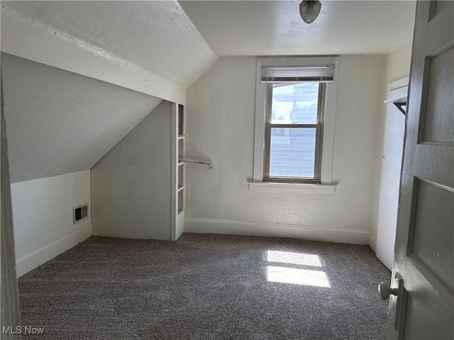 additional living space featuring vaulted ceiling, carpet, visible vents, and baseboards