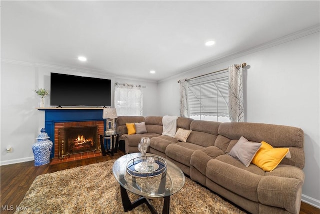 living room featuring ornamental molding, a fireplace, baseboards, and wood finished floors