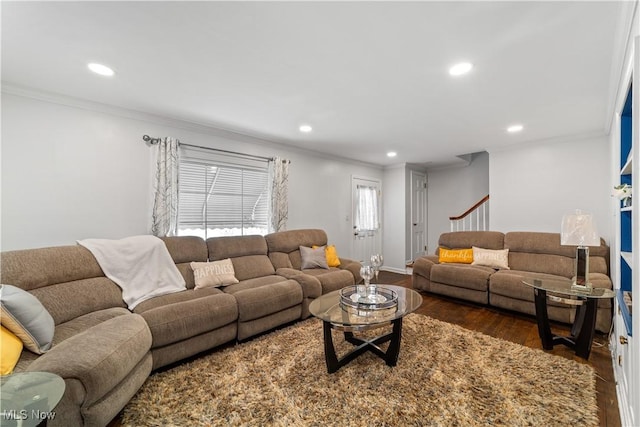 living area featuring recessed lighting, wood finished floors, and ornamental molding