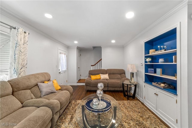 living room featuring recessed lighting, ornamental molding, and dark wood-style flooring