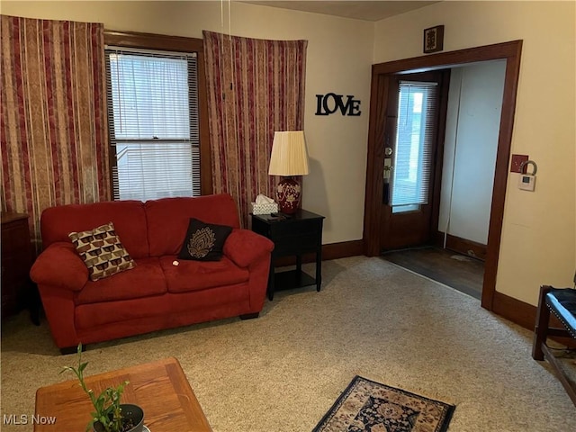 carpeted living area with baseboards and a healthy amount of sunlight