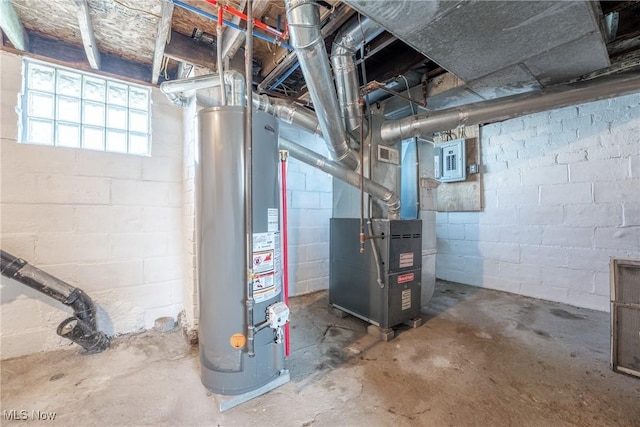 interior space with gas water heater, heating unit, and electric panel