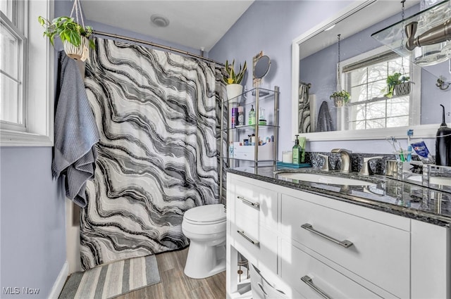 full bathroom featuring curtained shower, toilet, wood finished floors, and vanity