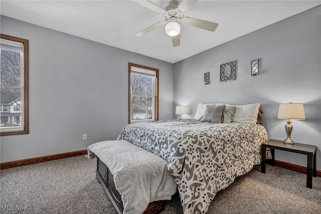 bedroom featuring a ceiling fan, baseboards, and carpet floors