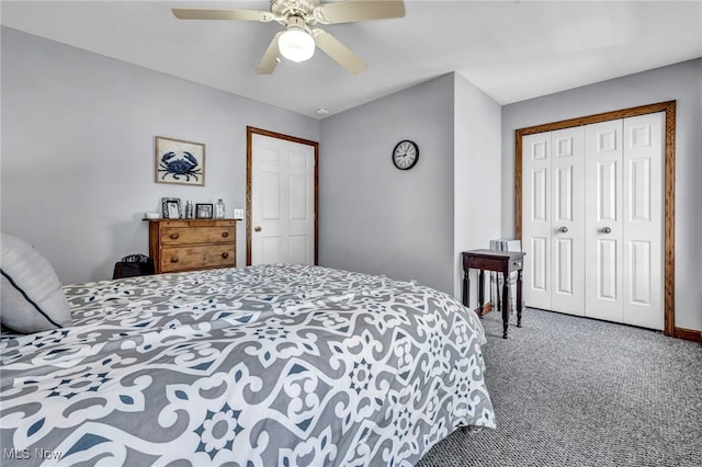 bedroom with a closet, carpet floors, and ceiling fan