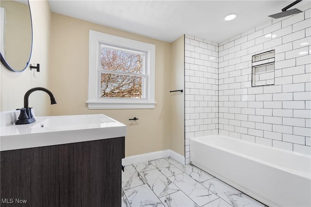 full bath with vanity, visible vents, marble finish floor, and baseboards