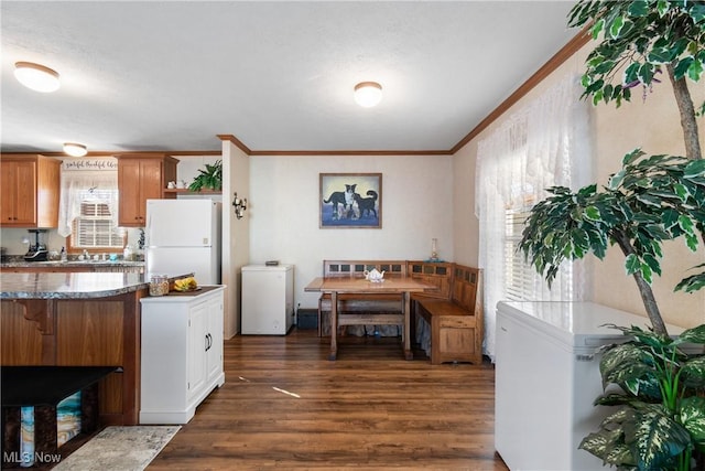 kitchen with refrigerator, dark wood-style floors, freestanding refrigerator, and ornamental molding