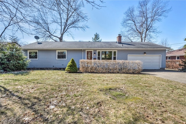 single story home with a front yard, a garage, driveway, and a chimney