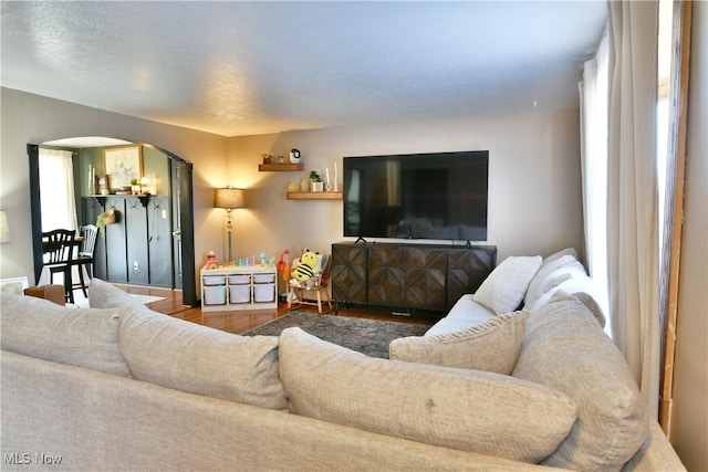 living area featuring arched walkways and wood finished floors