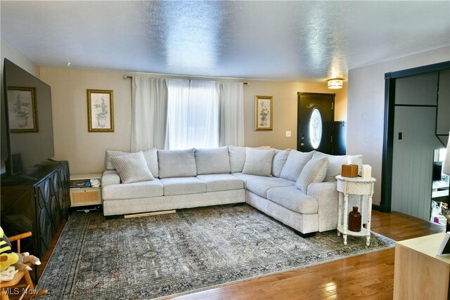 living area with wood finished floors and a textured ceiling