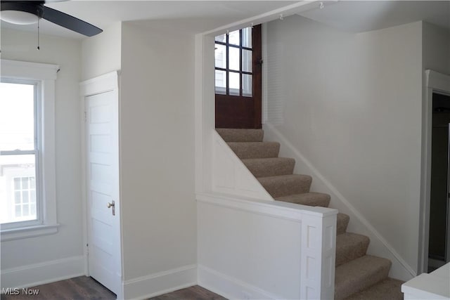 1341 Beach Ave, Lakewood, OH 44107 - stairway with a ceiling fan, wood finished floors, and baseboards