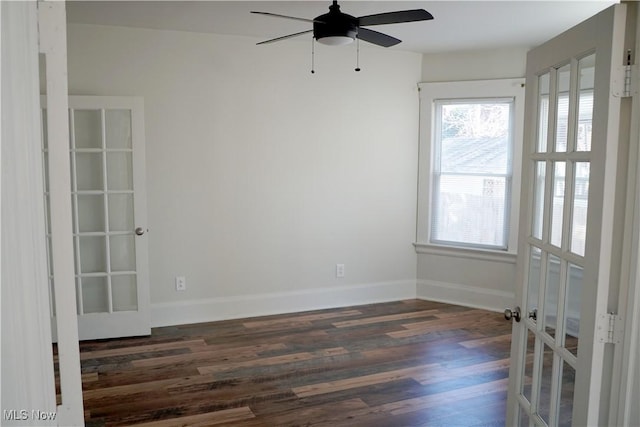 1341 Beach Ave, Lakewood, OH 44107 - unfurnished room with french doors, baseboards, ceiling fan, and dark wood-style flooring