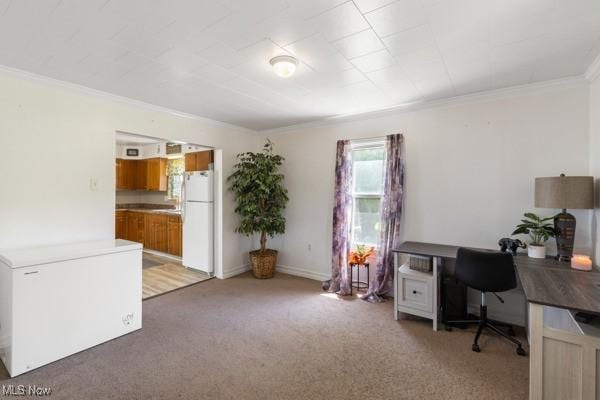 office featuring ornamental molding and light carpet