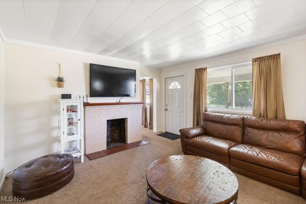 living area with carpet floors, ornamental molding, and a fireplace