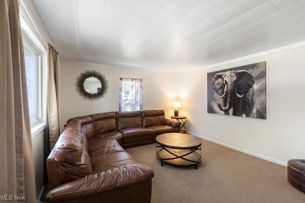 carpeted living area with baseboards